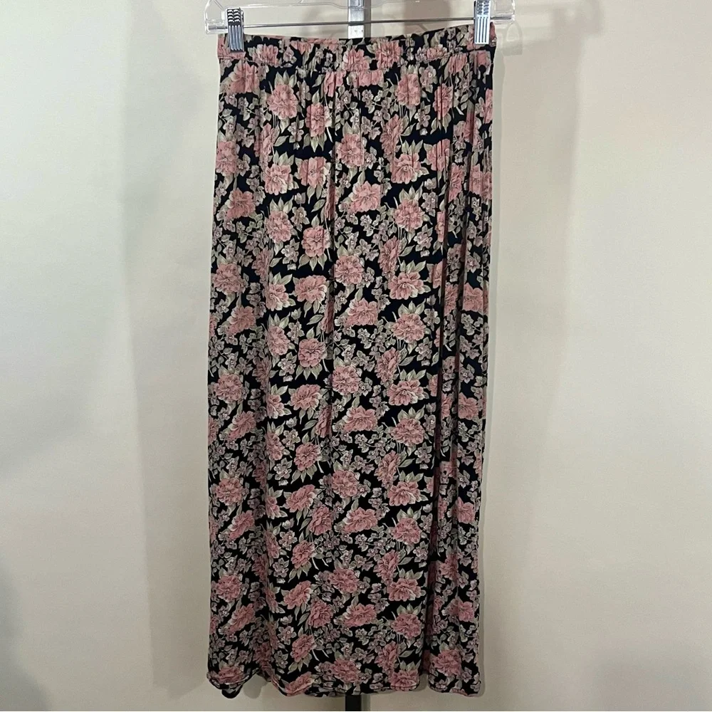 AE American Eagle High-Waisted Black Pink Floral Front Slit Midi Skirt XS